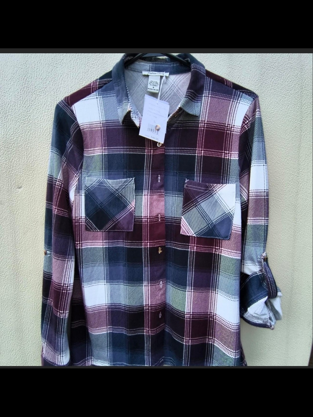 NWT Marissa Olivia Plaid Button Down Shirt Size S Burg Blue